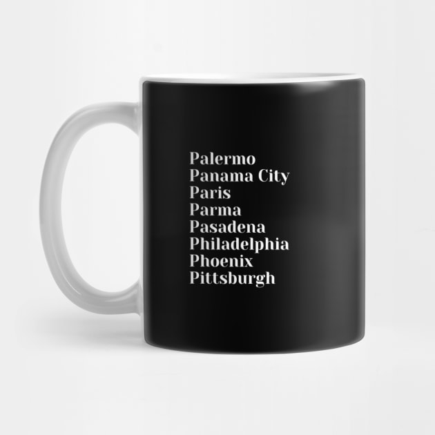 Cities starting with the letter, P, Mug, Tote, Pin by DeniseMorgan